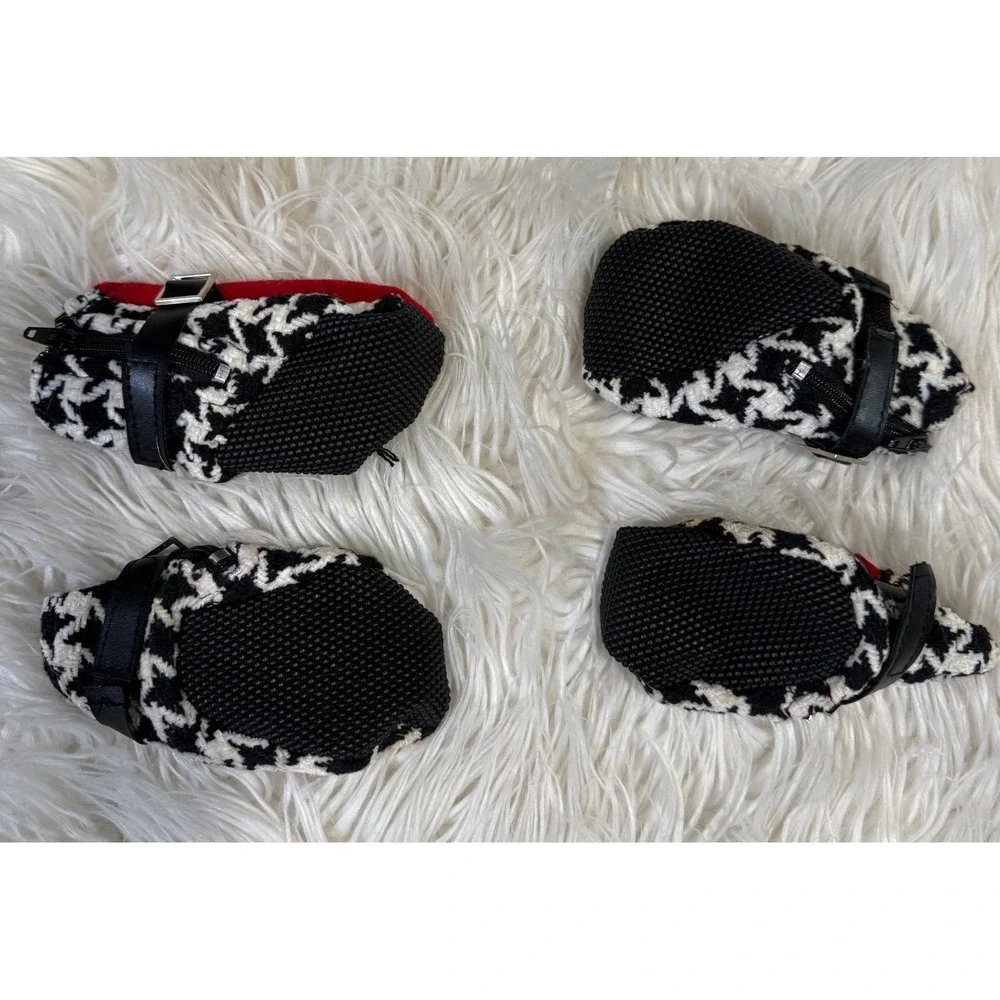 Houndstooth Dog Booties Set of 4 Black White Red Zipper Buckle Pet Shoes Small